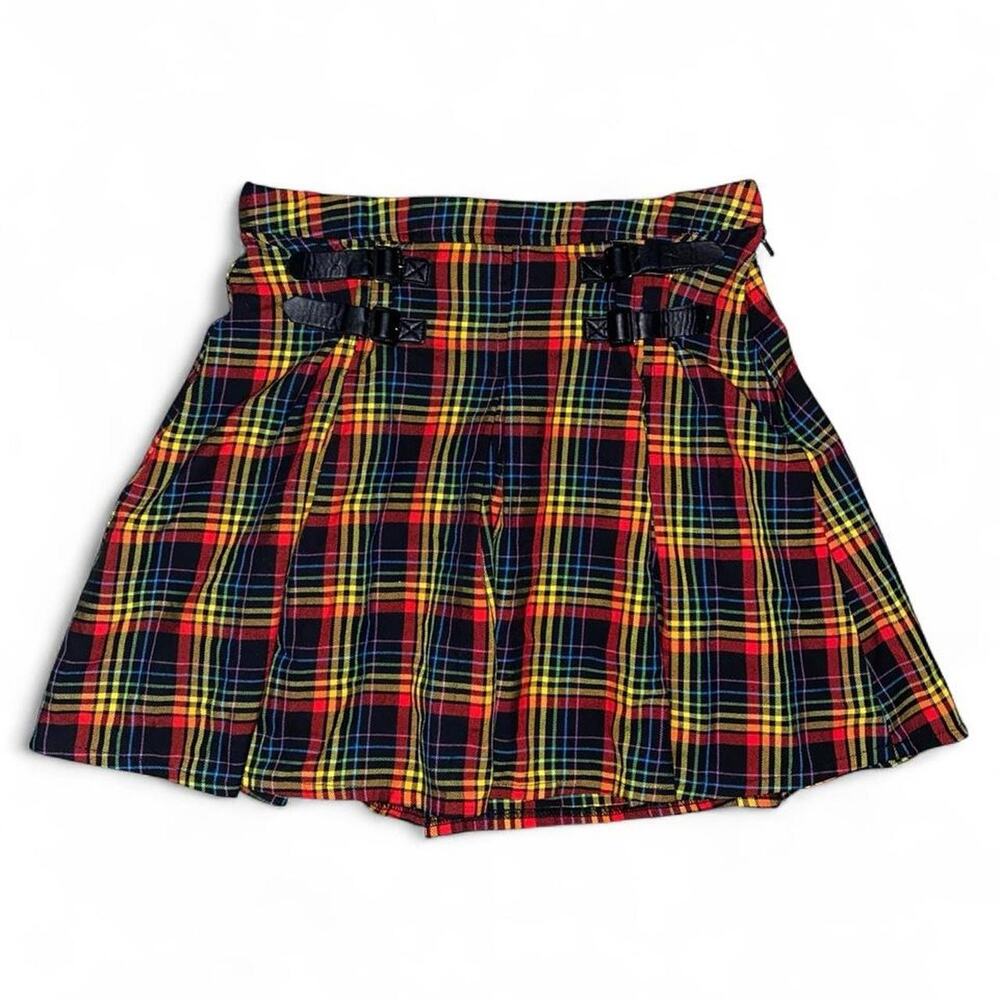 Hot Topic rainbow plaid pleated mini skirt with buckle details, size M
